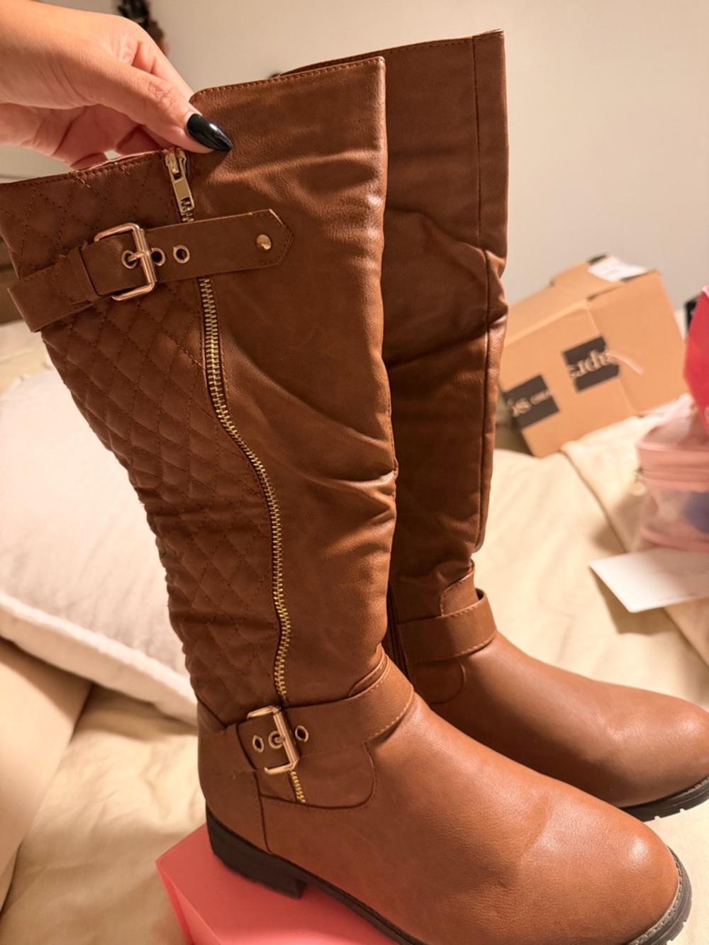TOP Moda Quilted Brown Knee-High Buckle Boots